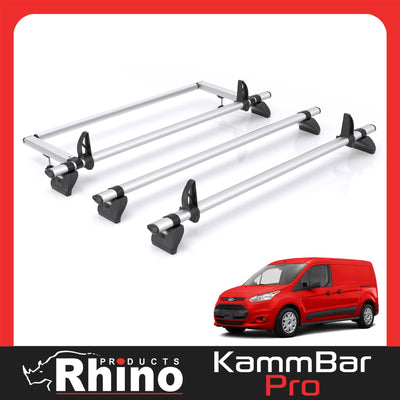 Ford Transit (2013-2024) Connect - 3 Rhino Kammbar Pro Roof Bars + Roller (Aluminium)