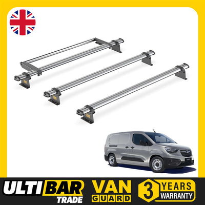 Vauxhall Combo (2018-) - 3 Van Guard Ultibar Trade Roof Bars + Roller