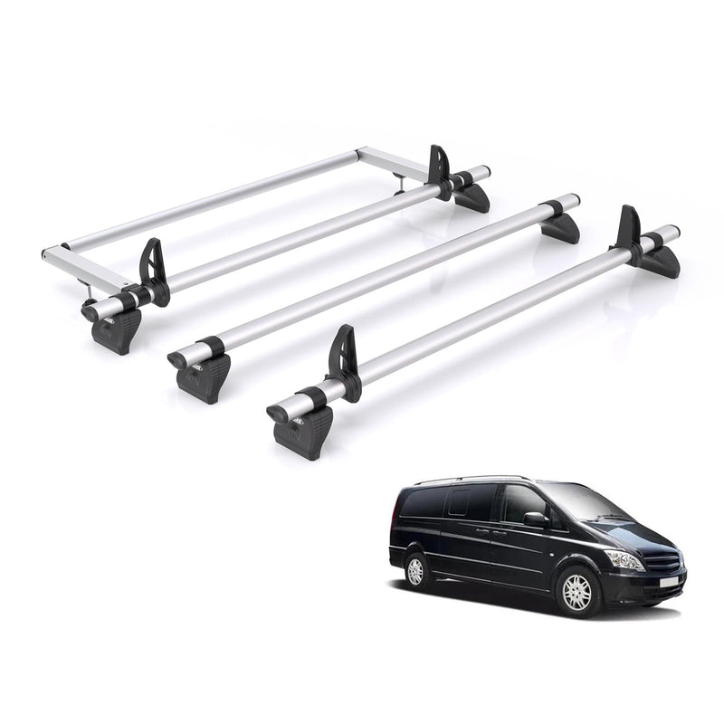 Mercedes Vito (2003-2014) - 3 Rhino Kammbar Pro Roof Bars + Roller (Aluminium)