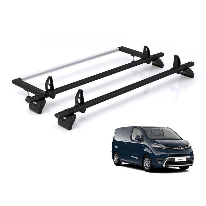 Toyota ProAce (2016-2024) - 2 Rhino Kammbar Black Roof Bars + Roller (Aluminium)