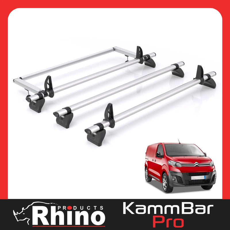 Peugeot Expert (2016-) - 3 Rhino Kammbar Pro Roof Bars + Roller (Aluminium)