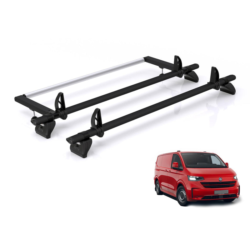 VW Transporter - 2 Rhino Kammbar Black Roof Bars + Roller (Aluminium)