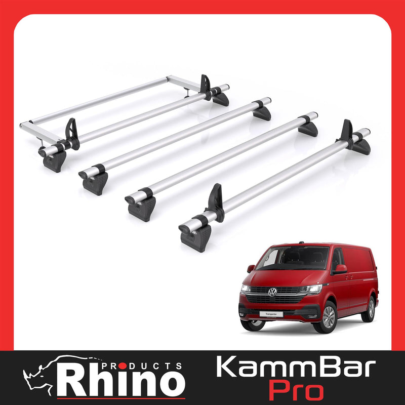 VW Transporter (2003-2024) - 4 Rhino Kammbar Pro Roof Bars + Roller (Aluminium)