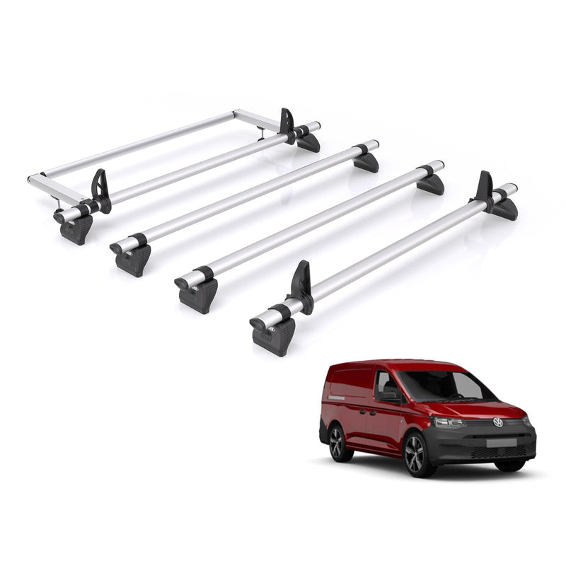 VW Caddy (2020-) - 4 Rhino Kammbar Pro Roof Bars + Roller (Aluminium)