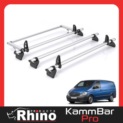 Mercedes Vito (2003-2014) - 3 Rhino Kammbar Pro Roof Bars + Roller (Aluminium)