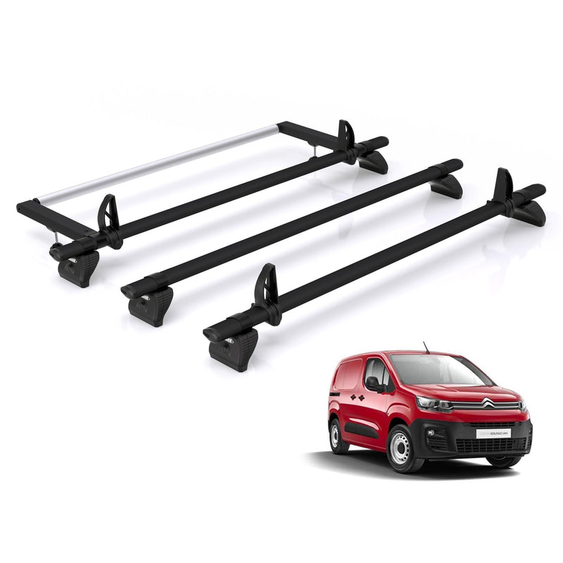Citroen Berlingo (2018-) - 3 Rhino Kammbar Black Roof Bars + Roller (Aluminium)