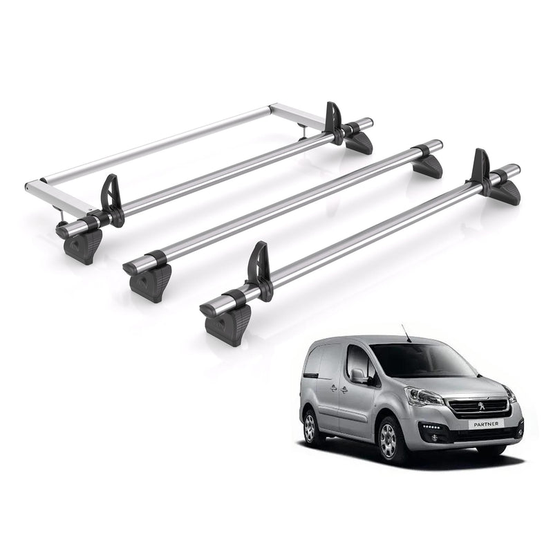 Peugeot Partner (2008-2018) - 3 Rhino Kammbar Fleet Roof Bars + Roller (Steel)