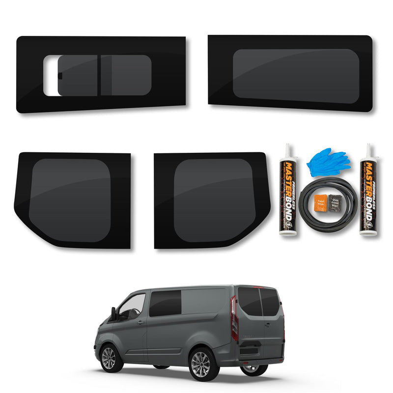 Ford Transit Custom (2013-2023) Driver Fixed Passenger Opening Side and Rear Door Window Privacy Camper Glass Full Kit with Fitting Kit