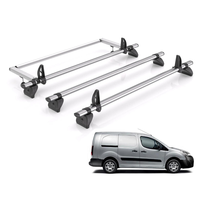 Peugeot Partner (2008-2018) - 3 Rhino Kammbar Fleet Roof Bars + Roller (Steel)