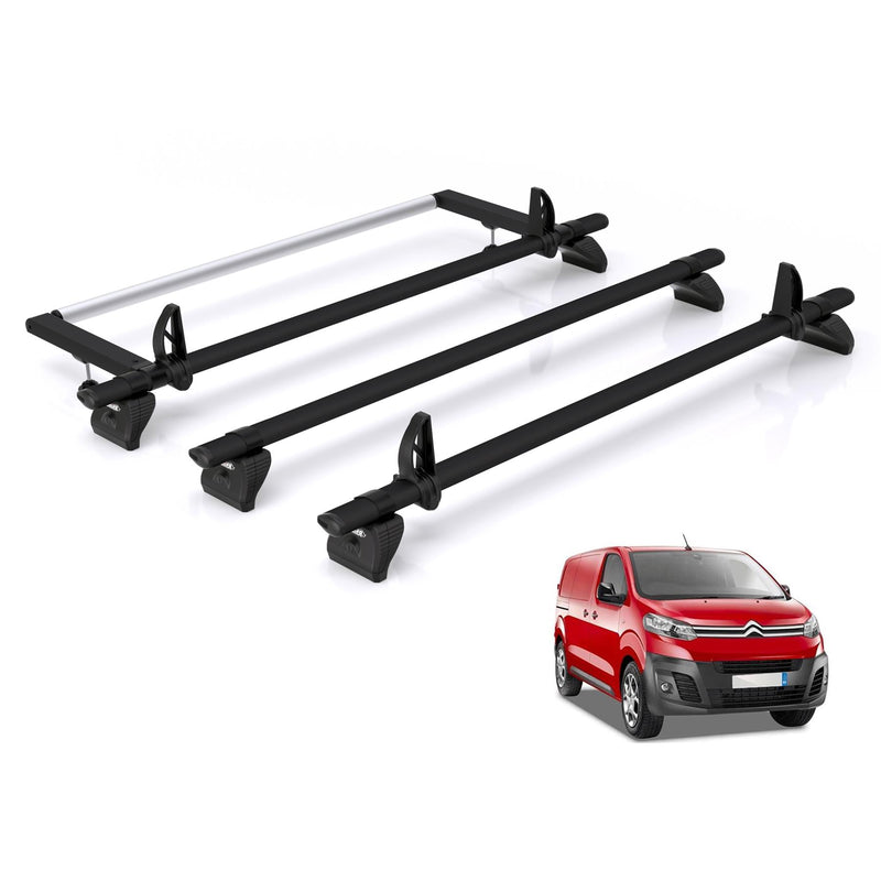 Peugeot Expert (2016-) - 3 Rhino Kammbar Black Roof Bars + Roller (Aluminium)