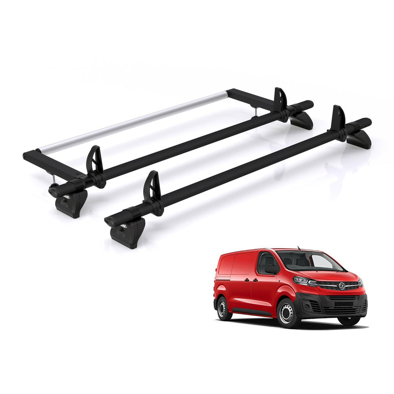 Vauxhall Vivaro (2019-) - 2 Rhino Kammbar Black Roof Bars + Roller (Aluminium)