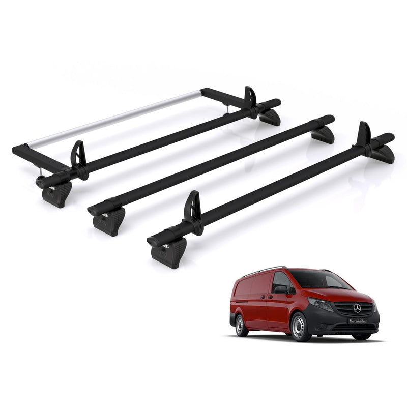Mercedes Vito (2014-) - 3 Rhino Kammbar Black Roof Bars + Roller (Aluminium)