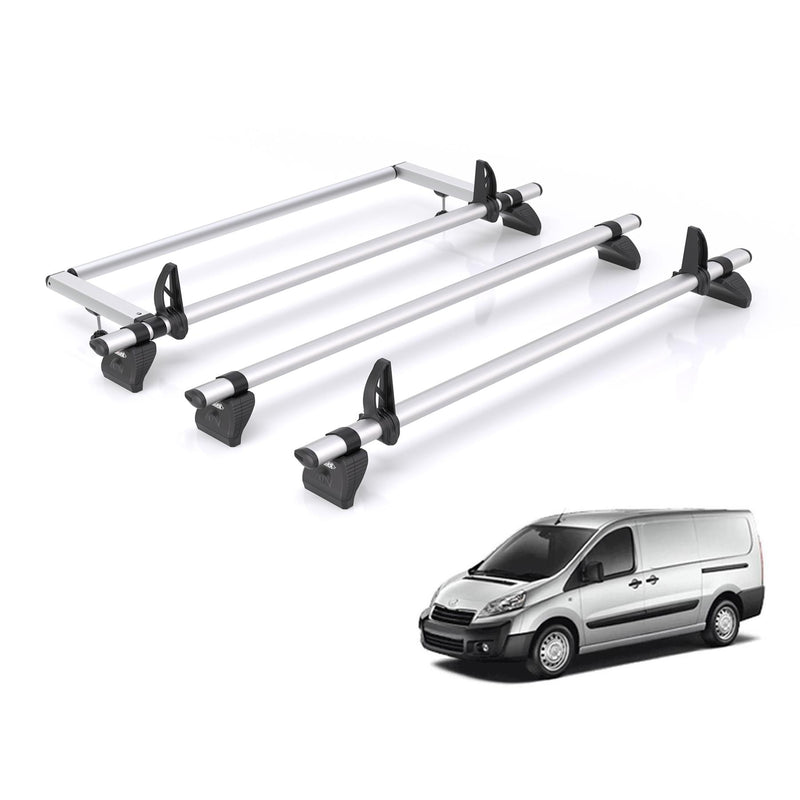 Peugeot Expert (2007-2016) - 3 Rhino Kammbar Pro Roof Bars + Roller (Aluminium)