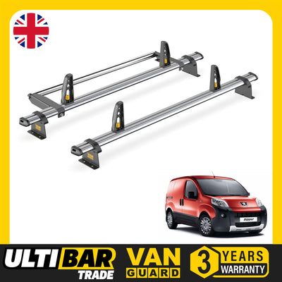 Peugeot Bipper Roof Rack for 2008+ 2x Bars, Roller, Loadstops Van Guard Trade