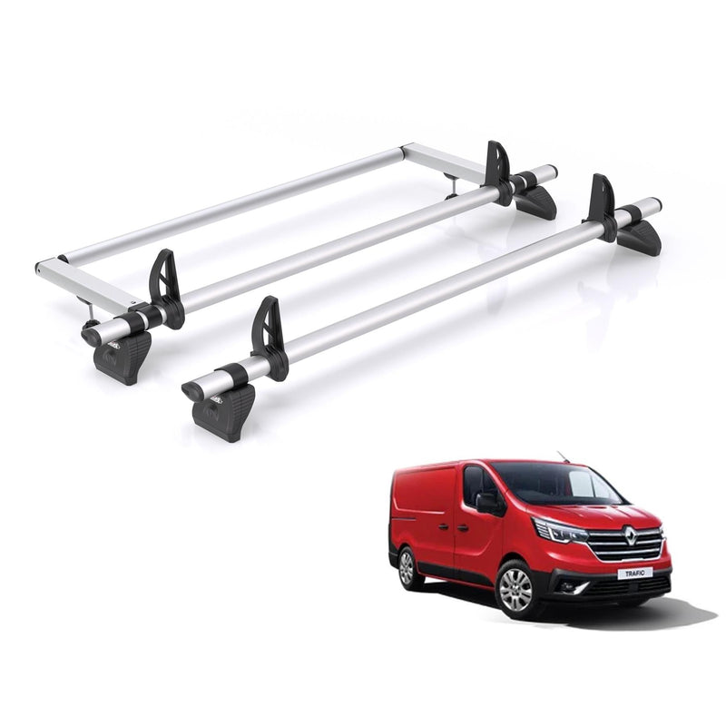Renault Trafic (2014-) - 2 Rhino Kammbar Pro Roof Bars + Roller (Aluminium)