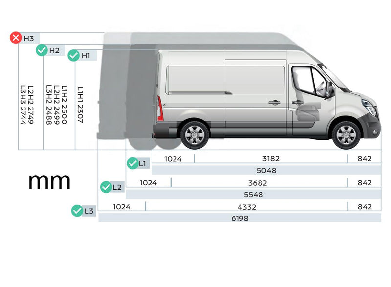 Nissan NV400 (2010-2021) - 3 Rhino Kammbar Black Roof Bars (Aluminium)