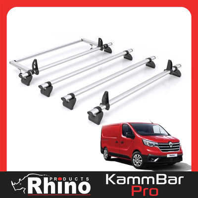 Renault Trafic (2014-) - 4 Rhino Kammbar Pro Roof Bars + Roller (Aluminium)