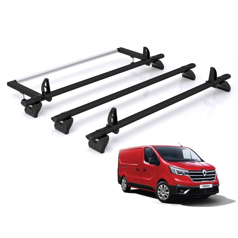 Vauxhall Vivaro (2014-2019) - 3 Rhino Kammbar Black Roof Bars + Roller (Aluminium)