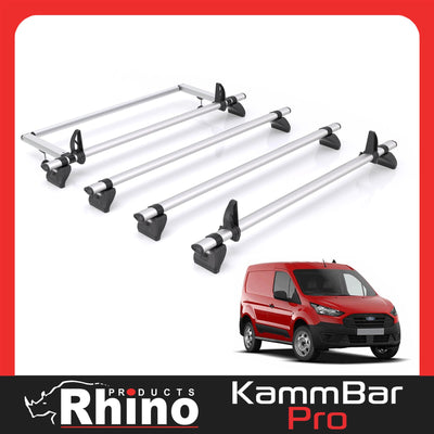 Ford Transit (2013-2024) Connect - 4 Rhino Kammbar Pro Roof Bars + Roller (Aluminium)