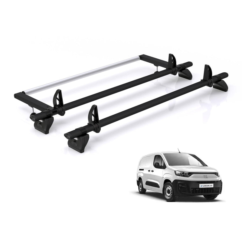 Fiat Doblo (2022-) - 2 Rhino Kammbar Black Roof Bars + Roller (Aluminium)