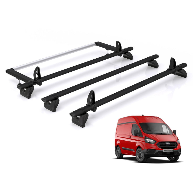 Ford Transit (2013-2024) Custom - 3 Rhino Kammbar Black Roof Bars + Roller (Aluminium)