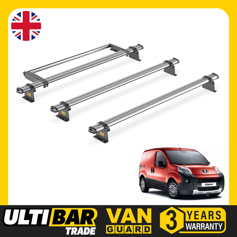 Peugeot Bipper (2008-) - 3 Van Guard Ultibar Trade Roof Bars + Roller
