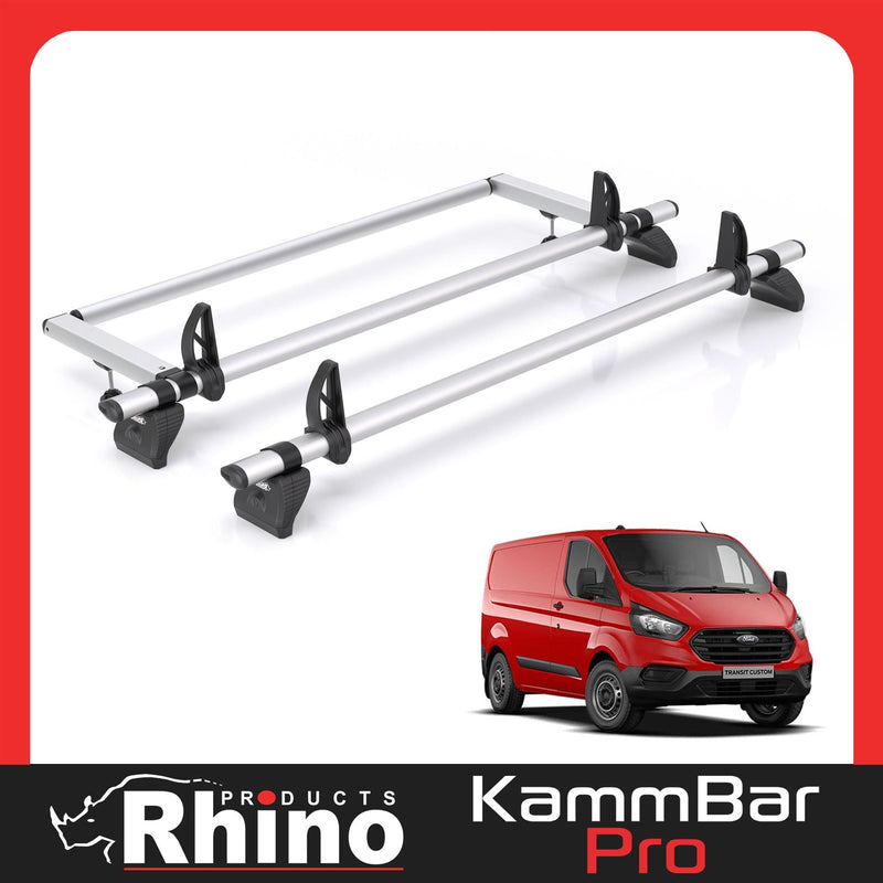 Ford Transit Custom - 2 Rhino Kammbar Pro Roof Bars + Roller (Aluminium)