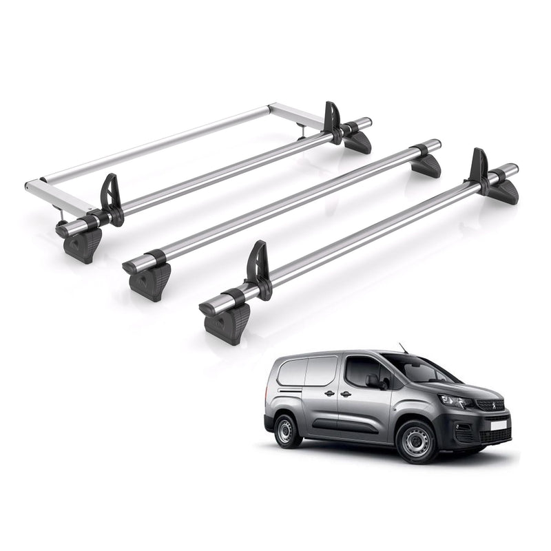 Peugeot Partner (2018-) - 3 Rhino Kammbar Fleet Roof Bars + Roller (Steel)