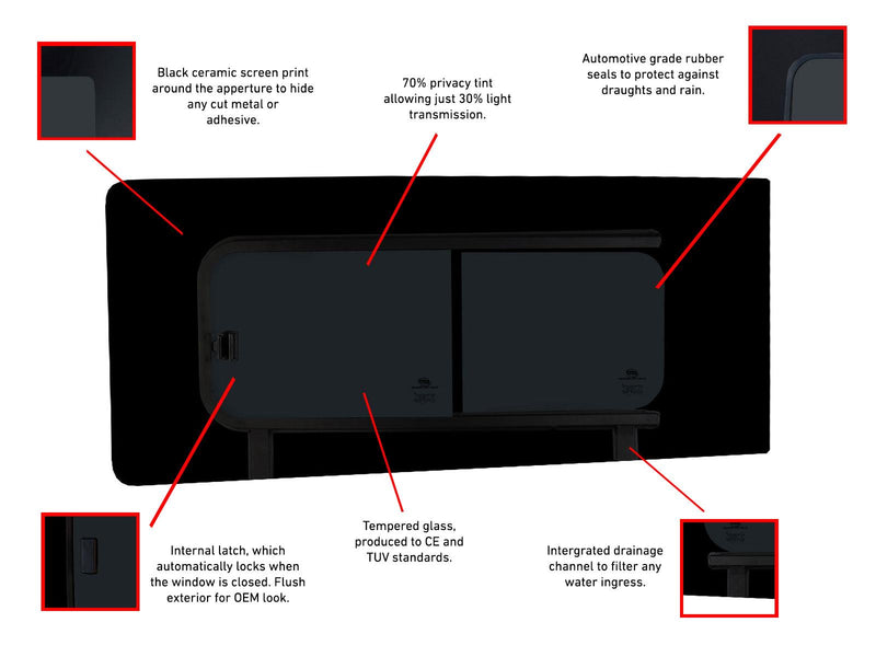 Ford Transit Custom (2013-2023) Driver Opening Passenger Fixed Side Windows Privacy Camper Glass with Fitting Kit