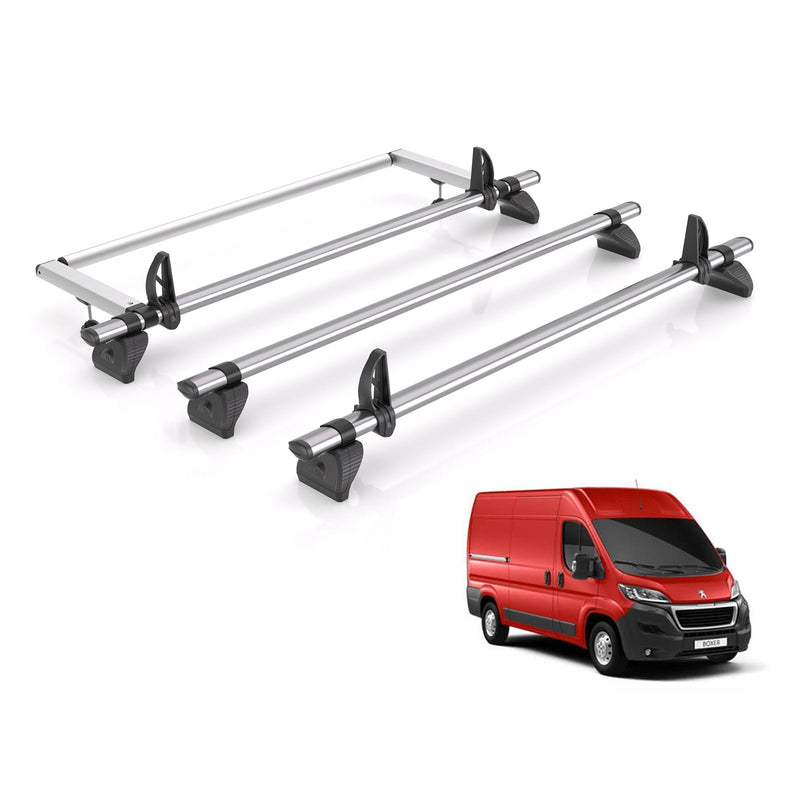 Peugeot Boxer (2006-) - 3 Rhino Kammbar Fleet Roof Bars + Roller (Steel)