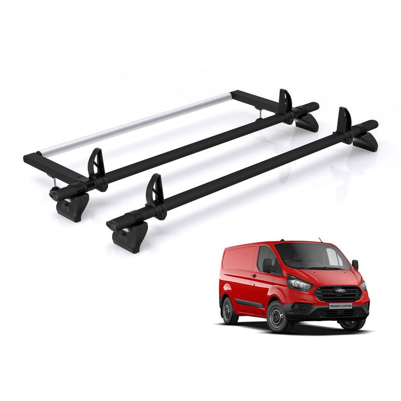 Ford Transit Custom - 2 Rhino Kammbar Black Roof Bars + Roller (Aluminium)