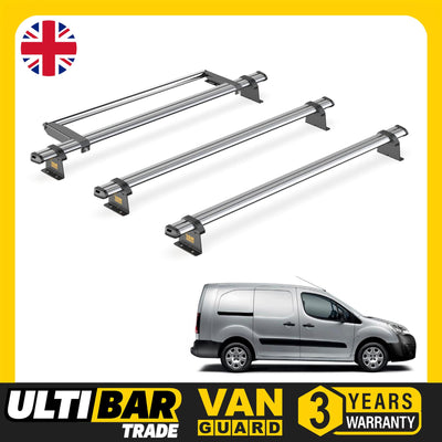 Peugeot Partner (2008-2018) - 3 Van Guard Ultibar Trade Roof Bars + Roller