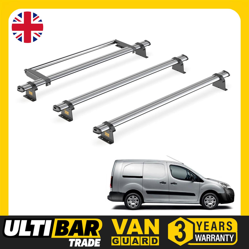 Peugeot Partner (2008-2018) - 3 Van Guard Ultibar Trade Roof Bars + Roller