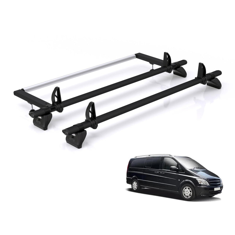 Mercedes Vito (2003-2014) - 2 Rhino Kammbar Black Roof Bars + Roller (Aluminium)