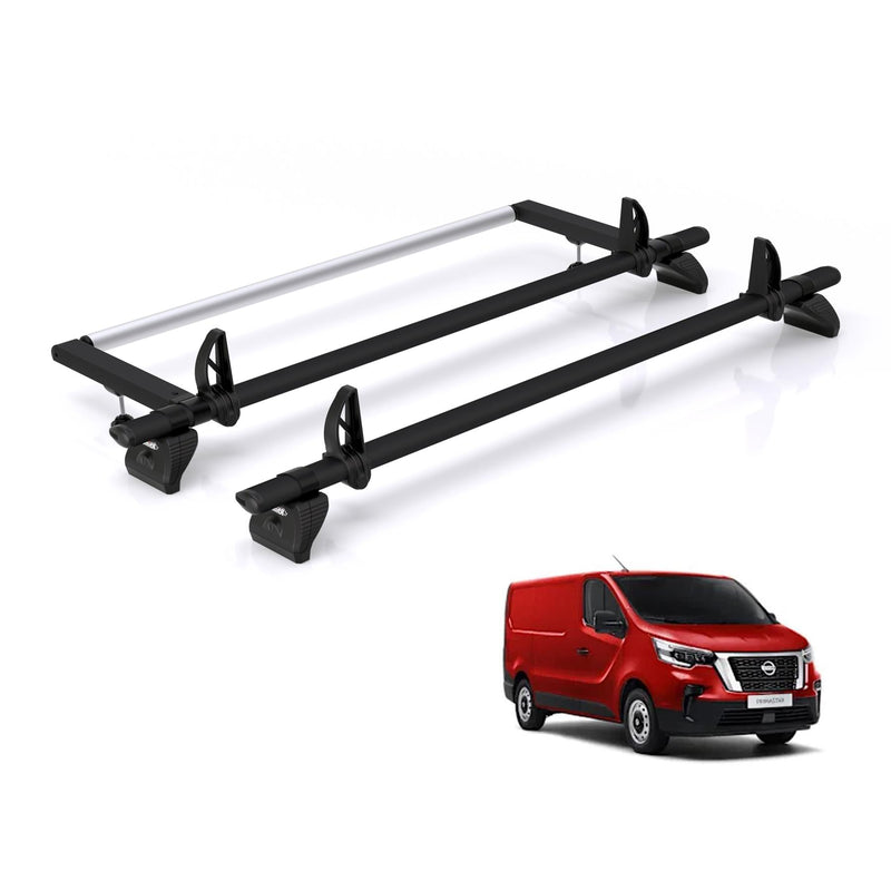 Nissan Primastar (2022-) - 2 Rhino Kammbar Black Roof Bars + Roller (Aluminium)