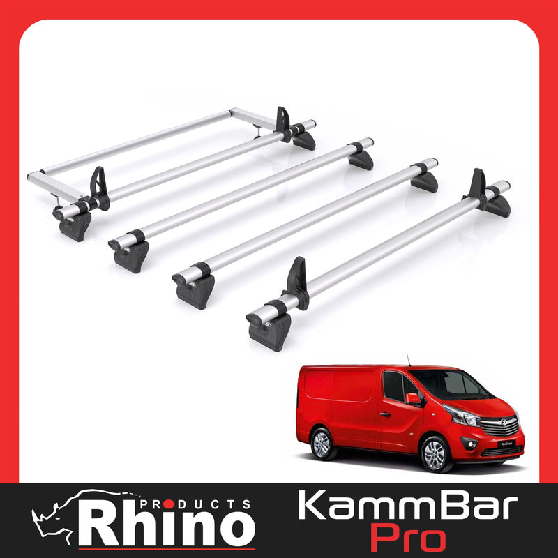 Vauxhall Vivaro (2014-2019) - 4 Rhino Kammbar Pro Roof Bars + Roller (Aluminium)