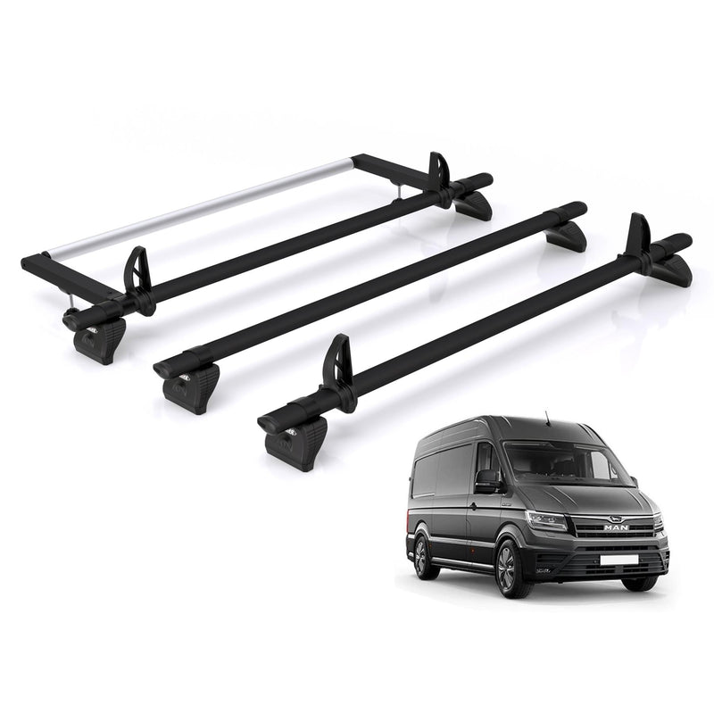 MAN TGE (2017-) - 3 Rhino Kammbar Black Roof Bars + Roller (Aluminium)