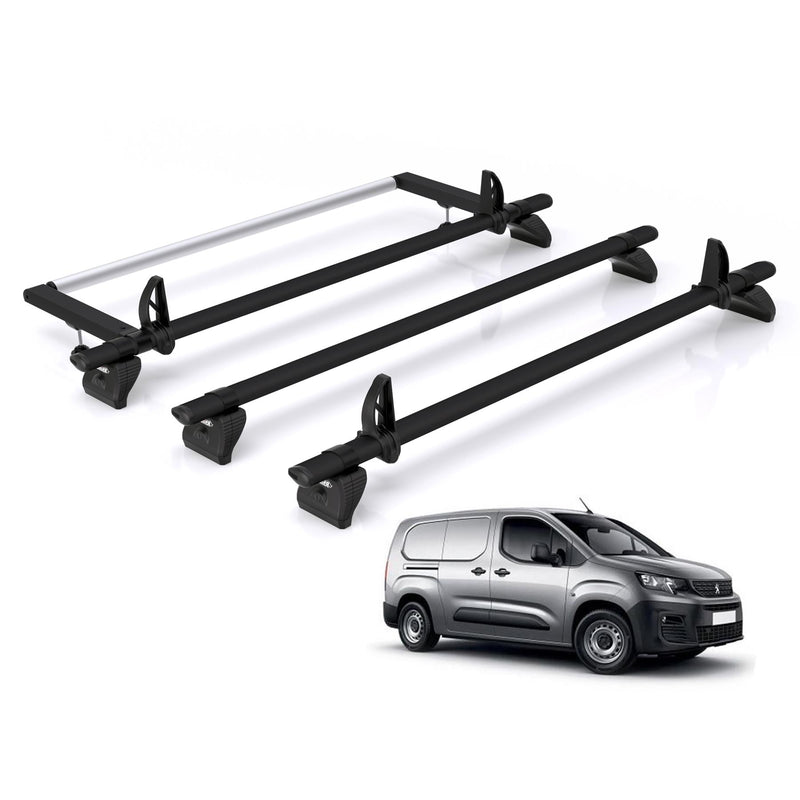 Peugeot Partner (2018-) - 3 Rhino Kammbar Black Roof Bars + Roller (Aluminium)