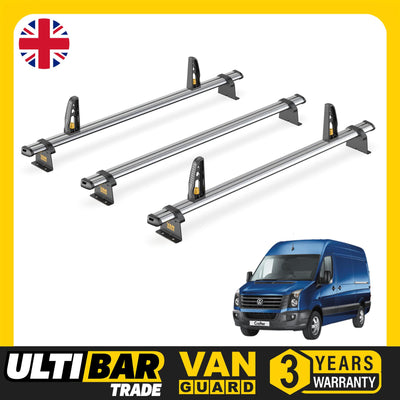 VW Crafter Roof Rack for 2006-2017 3x Roof Bars + Loadstops Van Guard Ulti Trade
