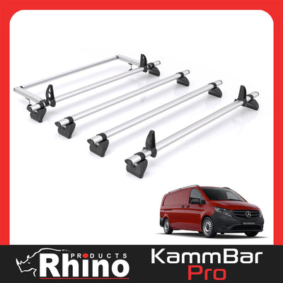 Mercedes Vito (2014-) - 4 Rhino Kammbar Pro Roof Bars + Roller (Aluminium)