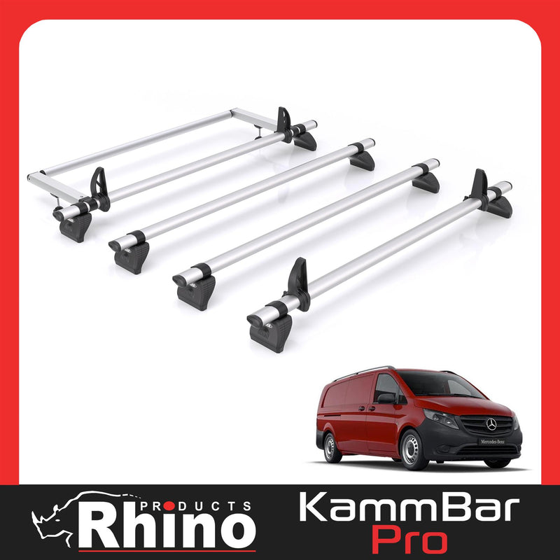 Mercedes Vito (2014-) - 4 Rhino Kammbar Pro Roof Bars + Roller (Aluminium)