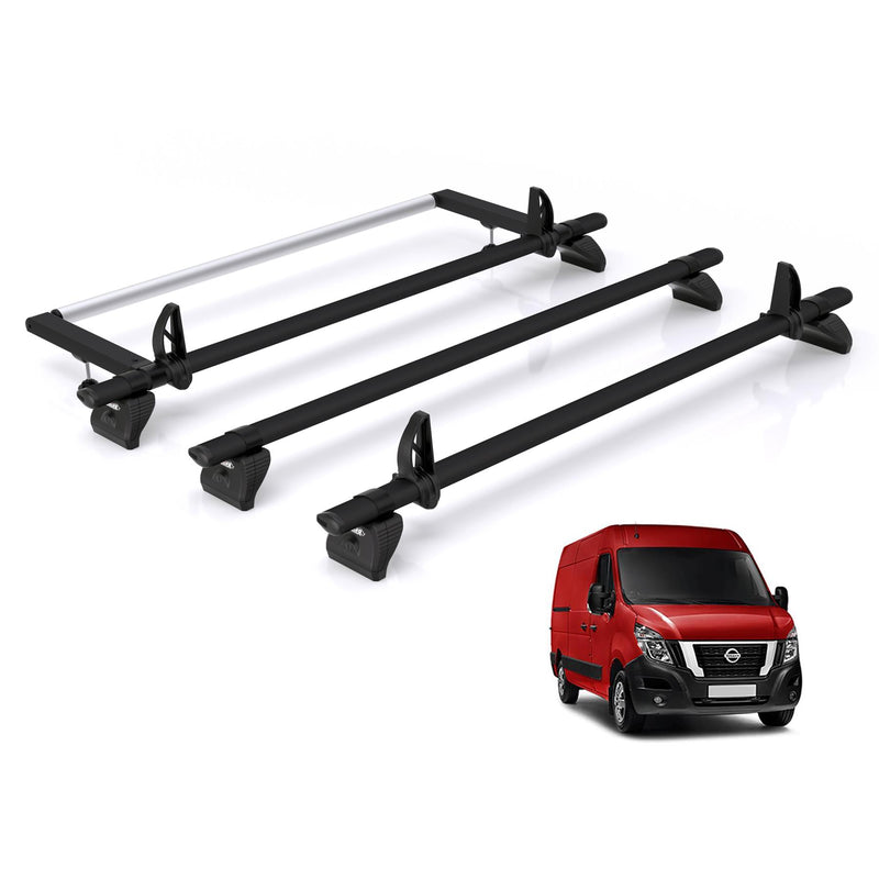 Nissan NV400 (2010-2021) - 3 Rhino Kammbar Black Roof Bars + Roller (Aluminium)