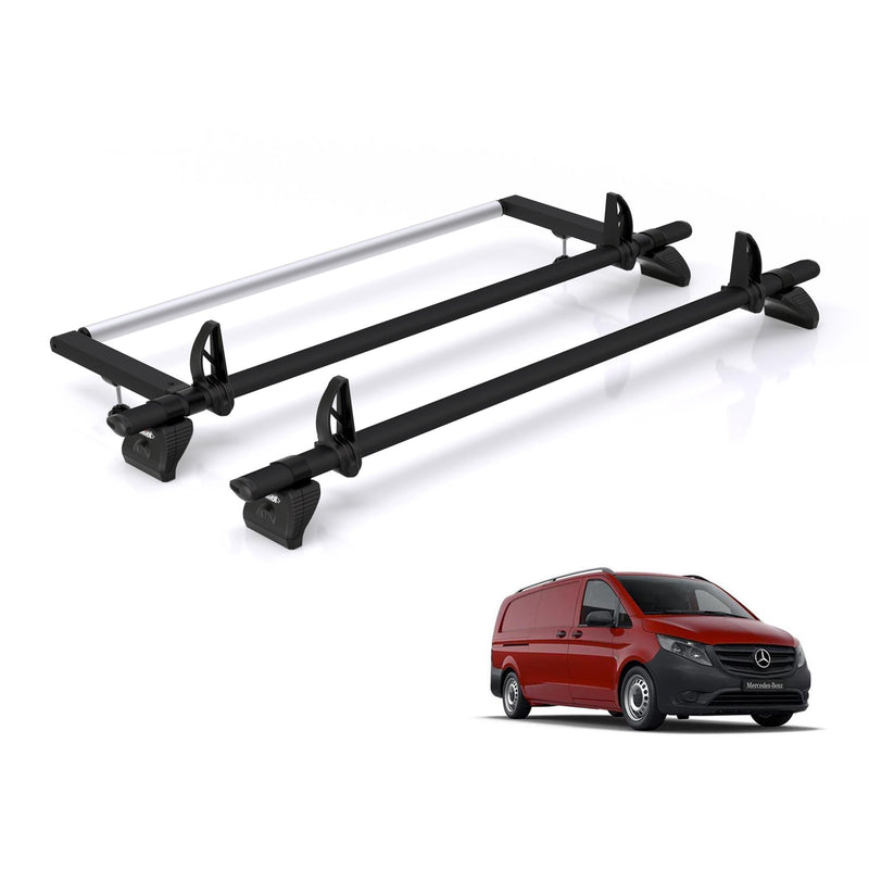 Mercedes Vito (2014-) - 2 Rhino Kammbar Black Roof Bars + Roller (Aluminium)