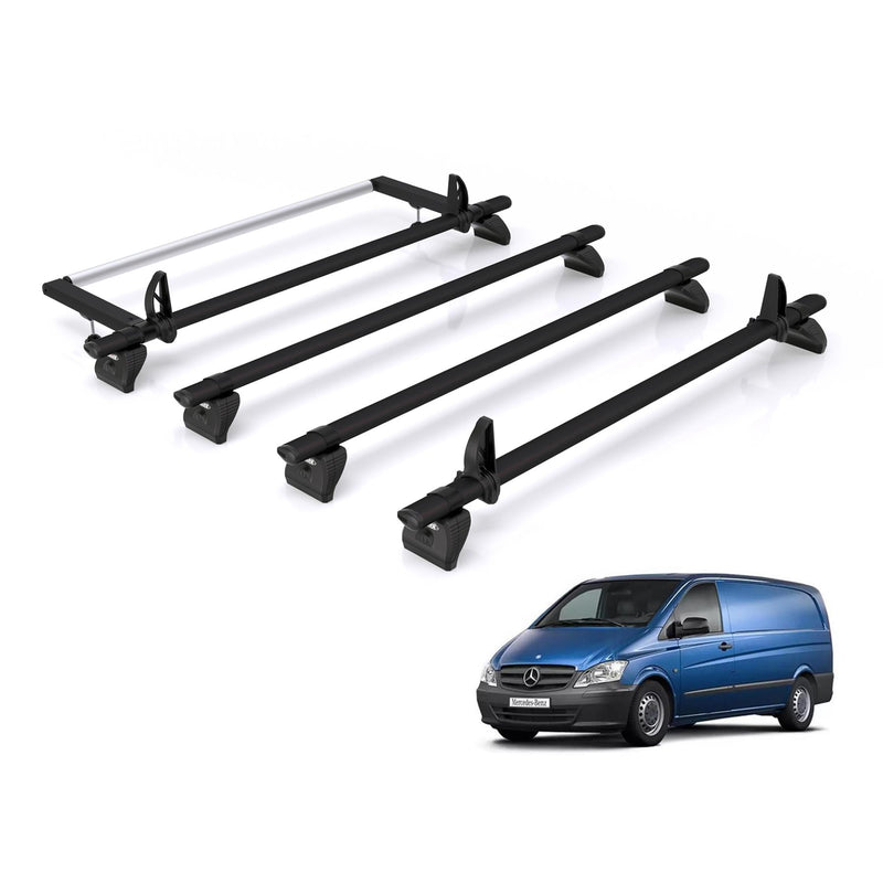 Mercedes Vito (2003-2014) - 4 Rhino Kammbar Black Roof Bars + Roller (Aluminium)