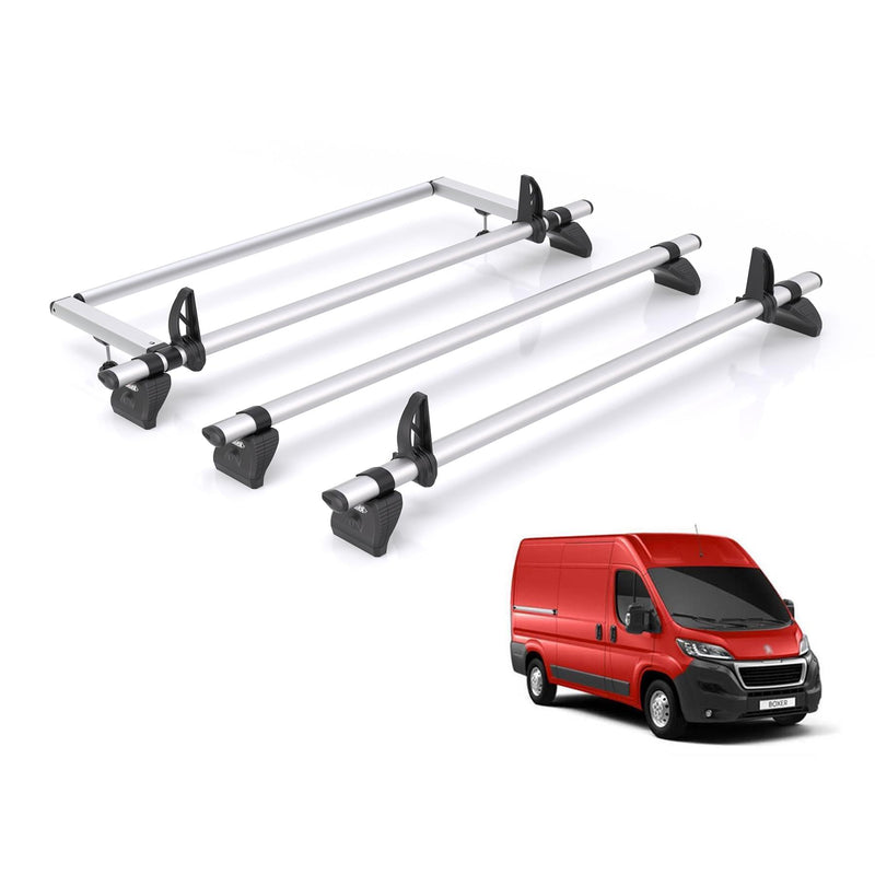 Peugeot Boxer (2006-) - 3 Rhino Kammbar Pro Roof Bars + Roller (Aluminium)