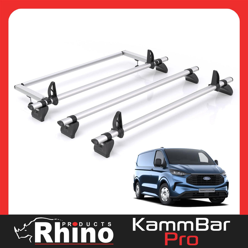 Ford Transit (2024-) Custom - 3 Rhino Kammbar Pro Roof Bars + Roller (Aluminium)