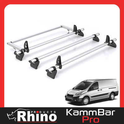 Peugeot Expert (2007-2016) - 3 Rhino Kammbar Pro Roof Bars + Roller (Aluminium)