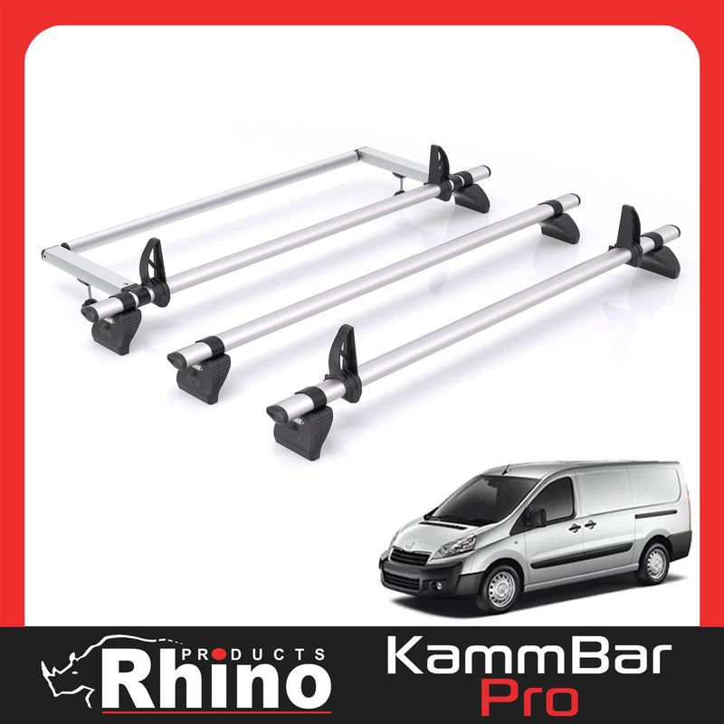 Peugeot Expert (2007-2016) - 3 Rhino Kammbar Pro Roof Bars + Roller (Aluminium)