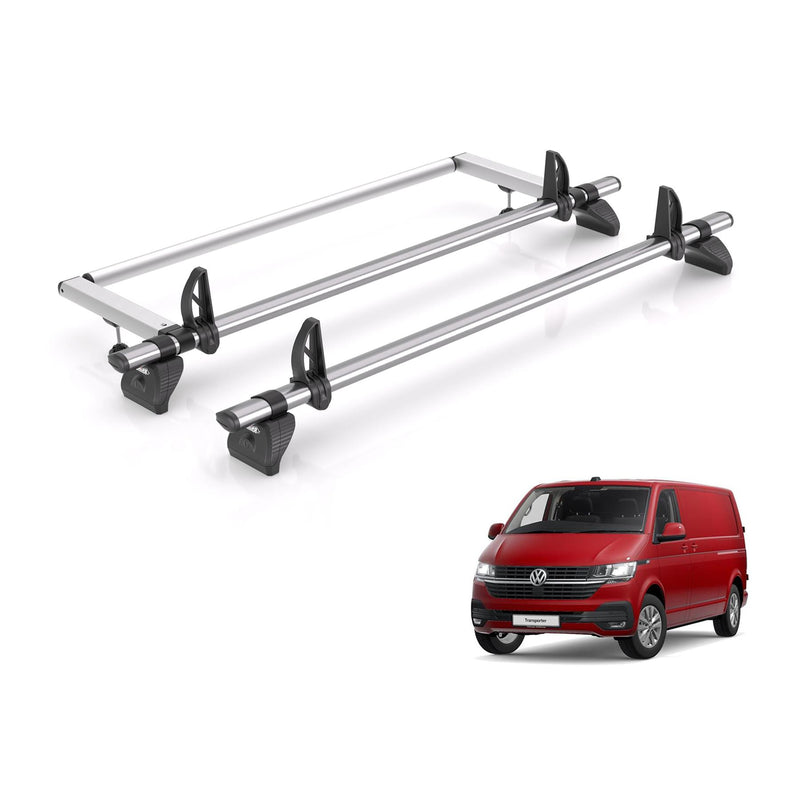 VW Transporter (2003-2024) - 2 Rhino Kammbar Fleet Roof Bars + Roller (Steel)