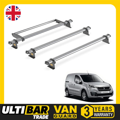 Peugeot Partner (2008-2018) - 3 Van Guard Ultibar Trade Roof Bars + Roller
